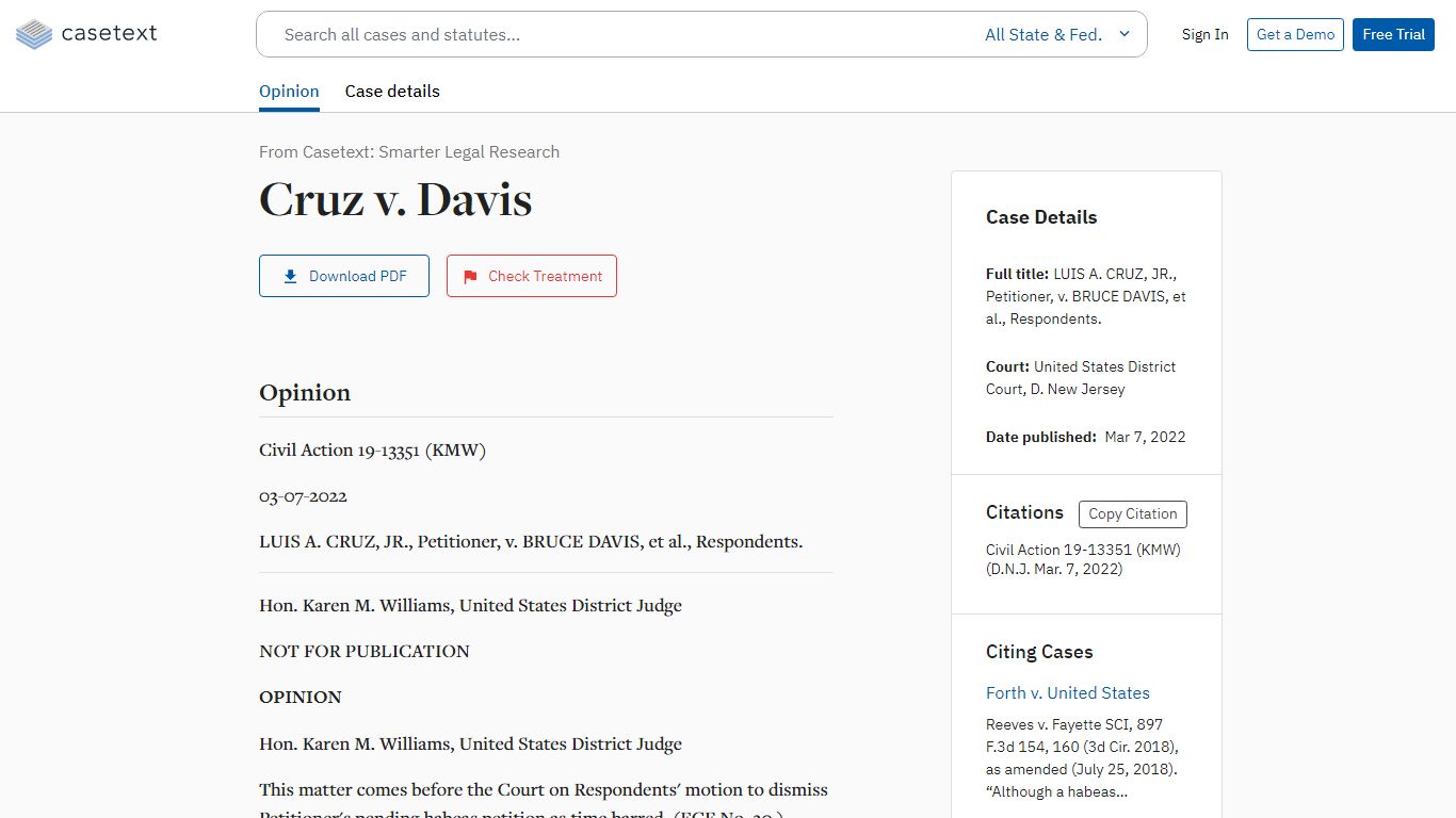Cruz v. Davis, Civil Action 19-13351 (KMW) | Casetext Search + Citator