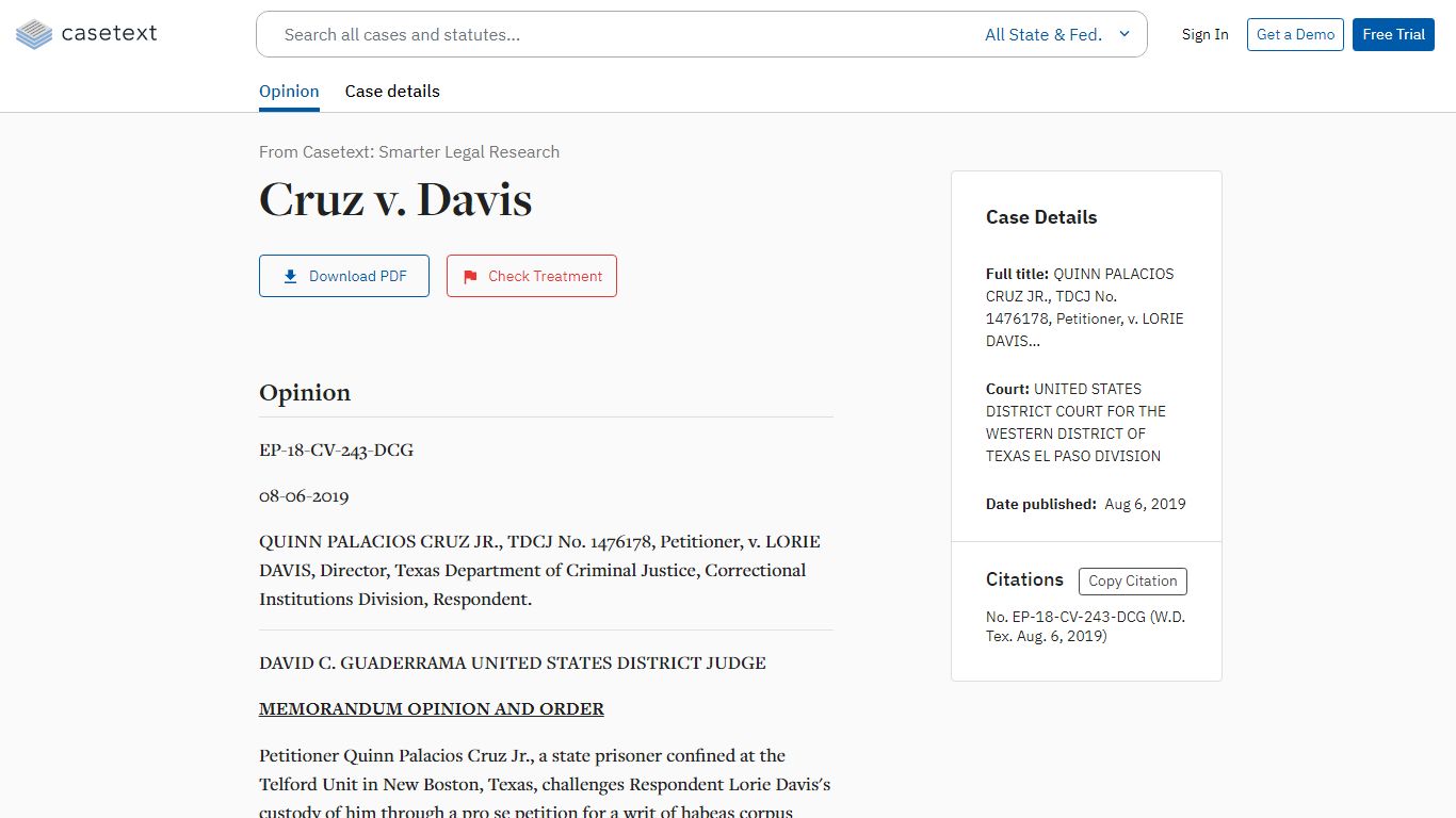 Cruz v. Davis, No. EP-18-CV-243-DCG | Casetext Search + Citator